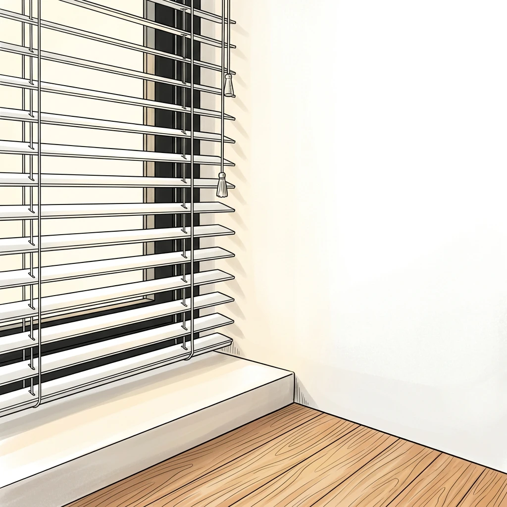 Illustration of clean white window blinds in a bright home interior