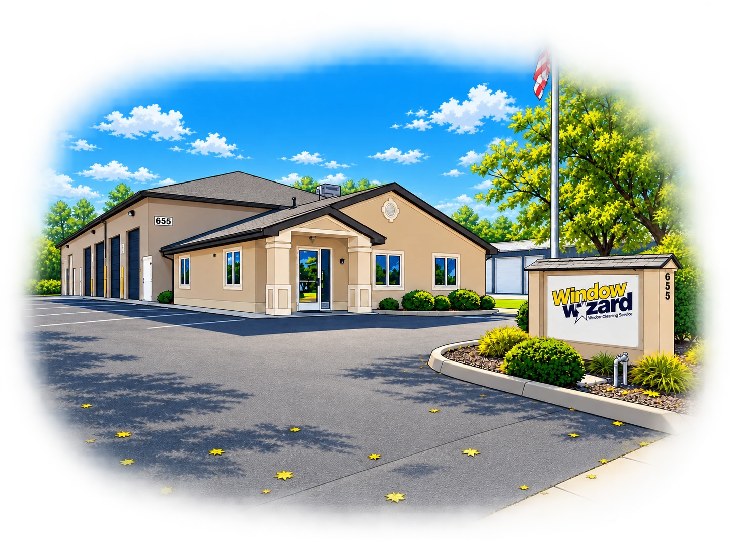Illustration of the Window Wizard office building and sign