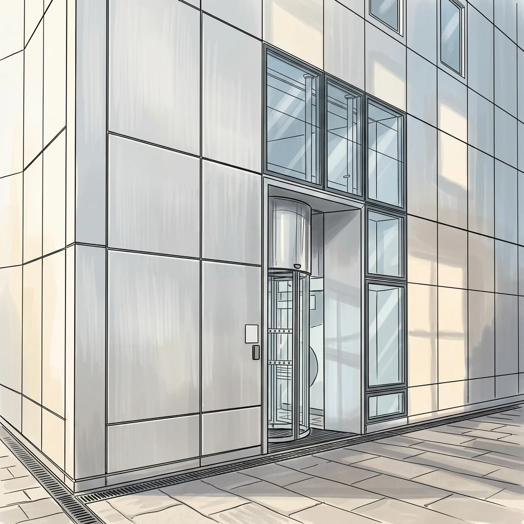 Illustration of a commercial building with glass entrance doors and windows