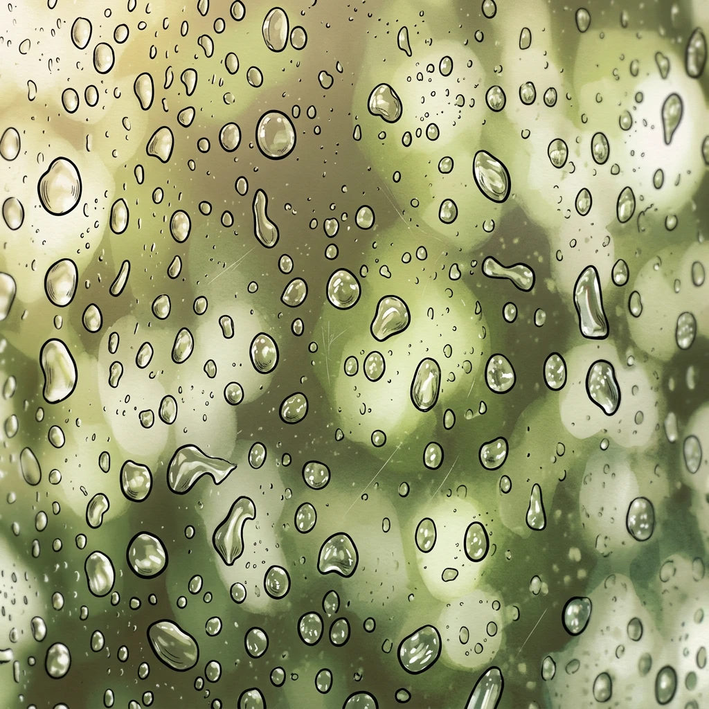 Illustration of water droplets beading on window glass