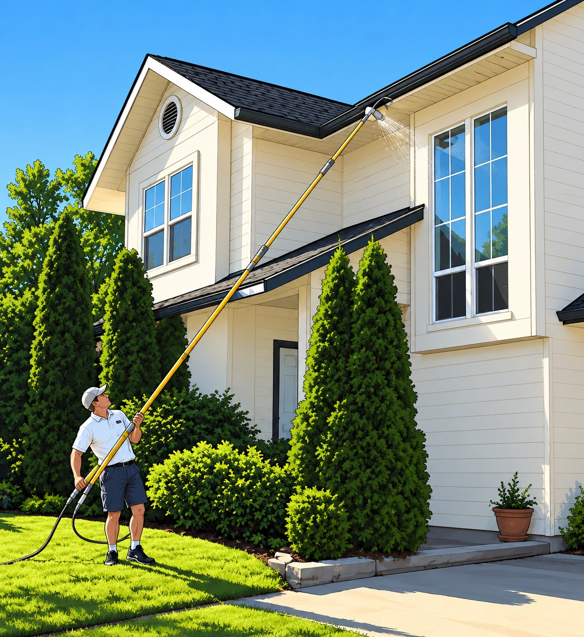 Illustration of a Window Wizard technician washing a home exterior with a long pole