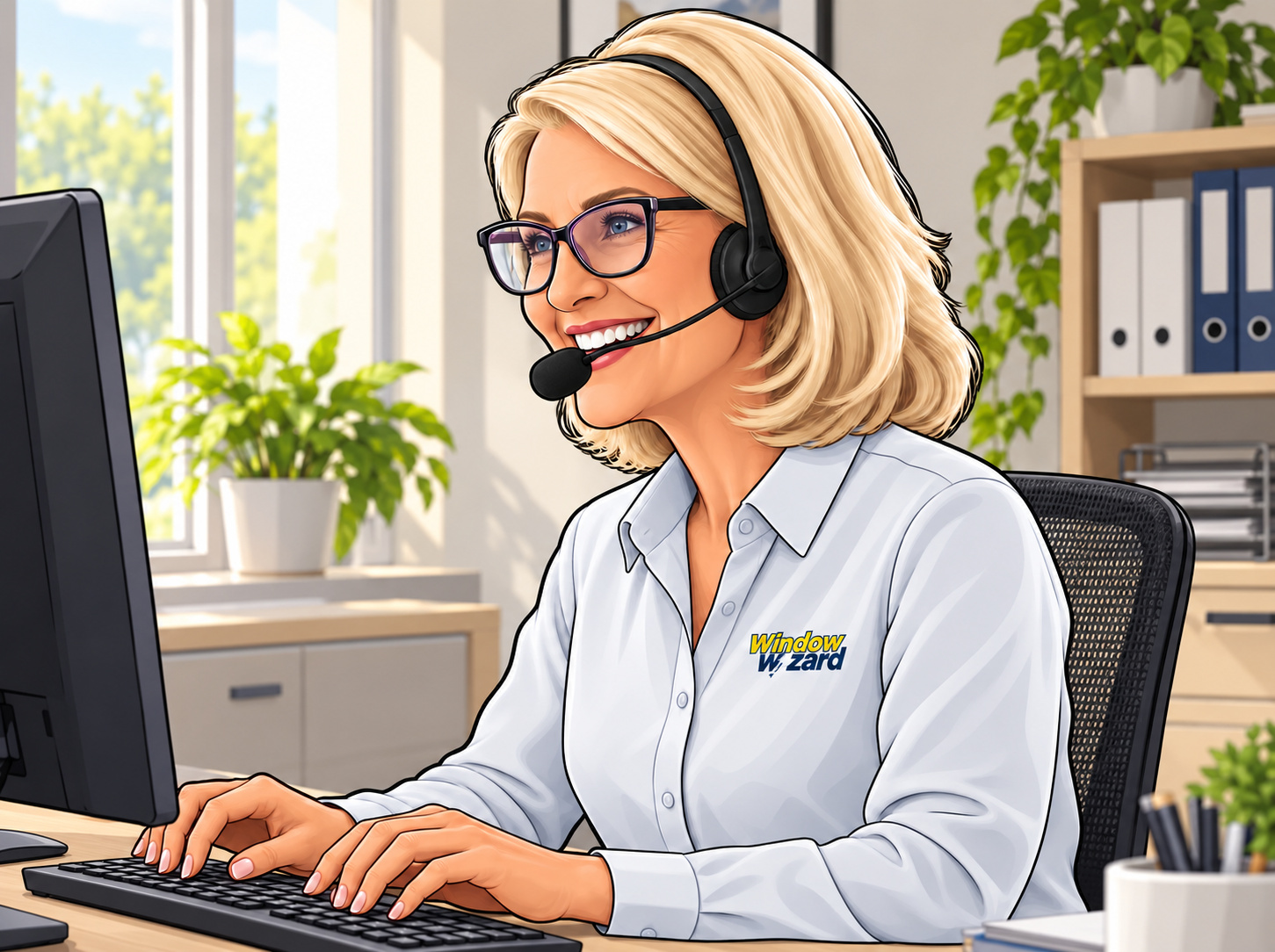 Illustration of a Window Wizard support representative wearing a headset at her desk