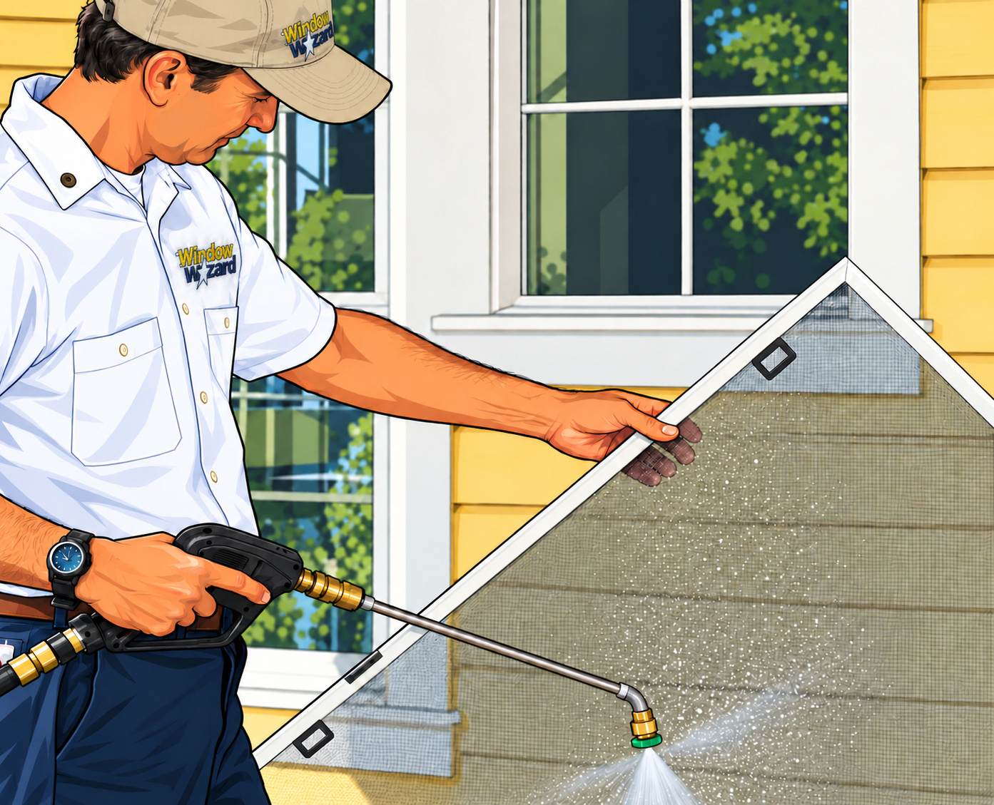 Illustration of a Window Wizard technician cleaning a window screen
